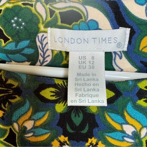 London Times Women's 3/4 Sleeve Crepe Shift Dress. Green and Blue. Size 8 - Picture 3 of 10